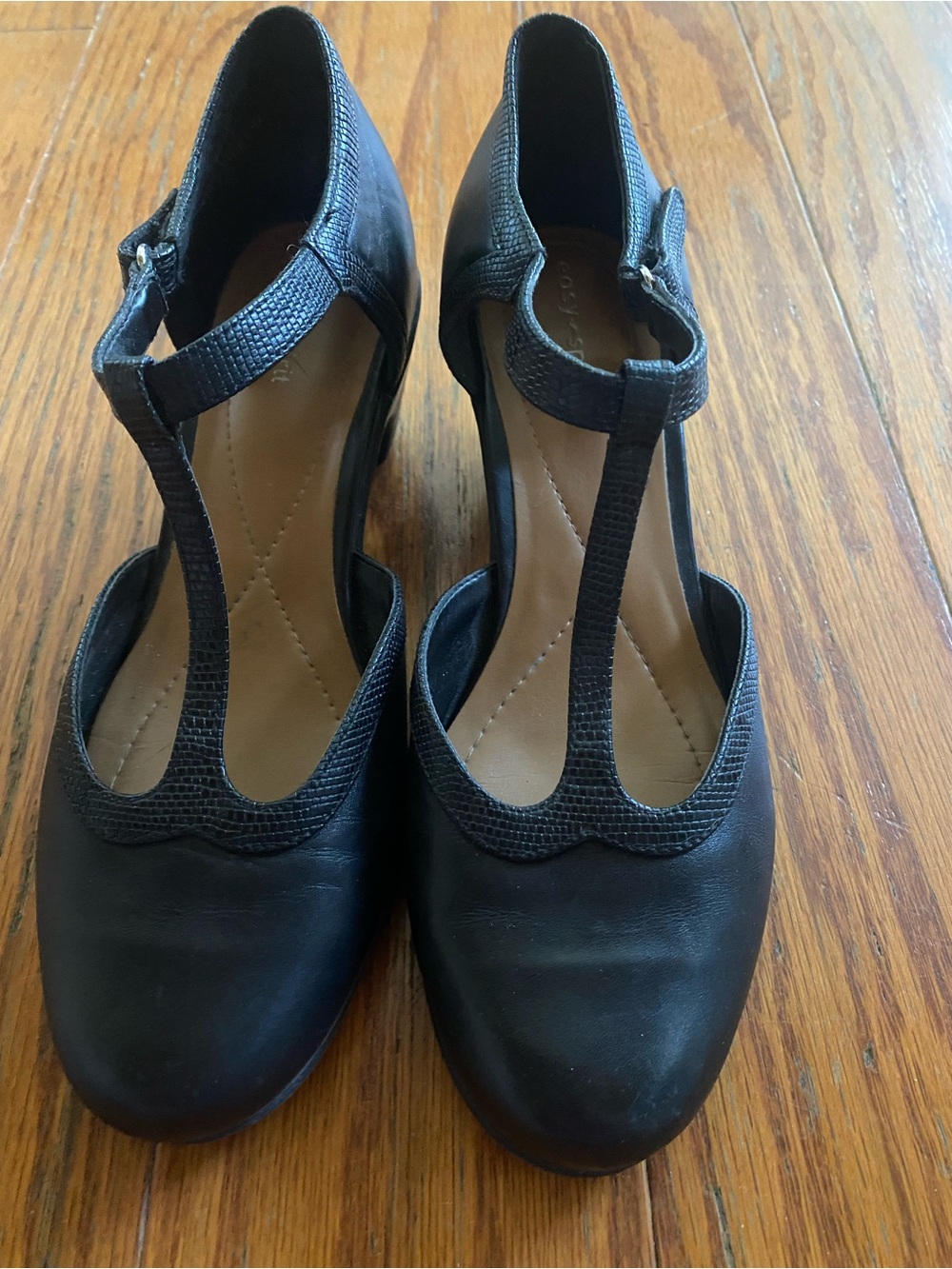 Easy Spirit Black T-Strap Heels with Textured Trim